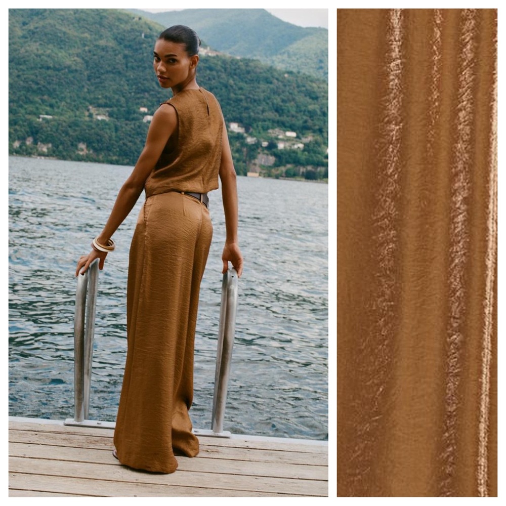 NWT. Zara Caramel Satin Effect High-waisted Trousers. Size M. - Picture 3 of 8